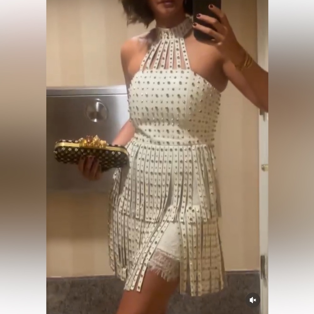 Lamb leather studded Fringe Lace Dresss - Picture 5 of 17